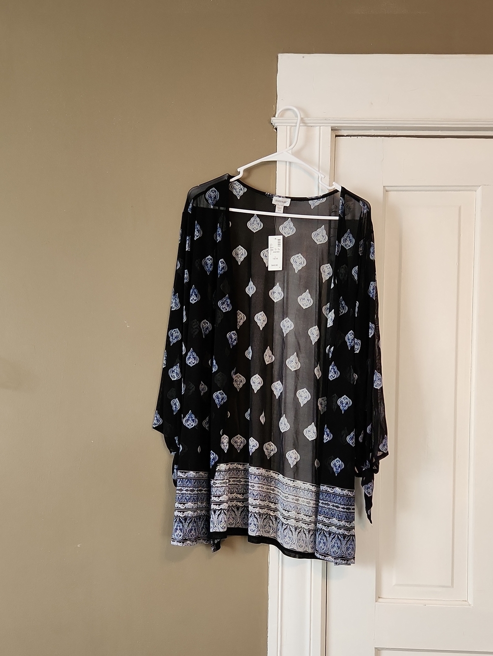 Avenue Black Sheer Kimono with Blue Border Print